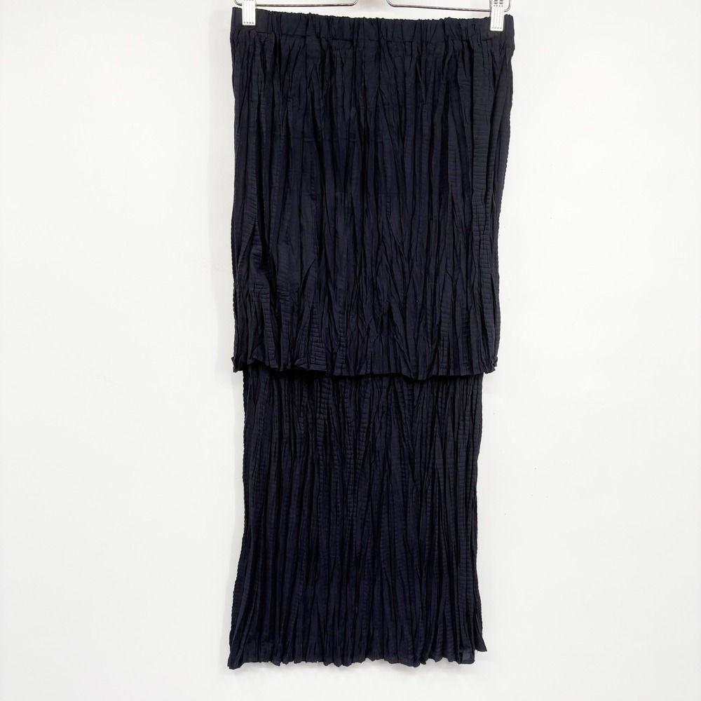 Suzusan Womens Navy Shibori Pleated Avant Garde Luxury Tiered Midi Skirt Size L